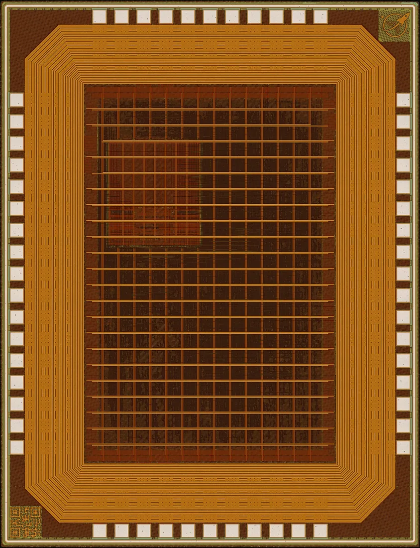 Die photograph of TinyQV - Crowdsourced RISC-V SoC by InfoSecDJ