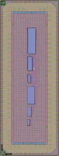 Layout render of Test chip with 3.3V SRAM blocks using regular design rules