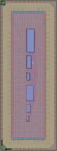 Layout render of Test chip with 3.3V SRAM blocks using SRAM design rules