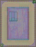 Layout render of TinyQV - Crowdsourced RISC-V SoC